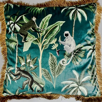 Cushion - Monkeys & Palms - Fringed Teal Velvet 18SQ with Luxurious Synthetic Down Insert