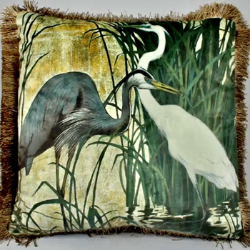 Cushion - Marsh Heron & Crane - Fringed Velvet 18SQ with Luxurious Synthetic Down Insert