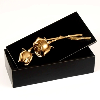 Box - Gold Rose Stems Lid /  Black Finished Wood 8x3x3in