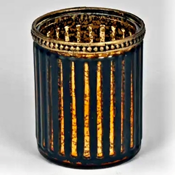 Tealight - Ribbed Cylinder Black & Gold Amber Glass 3x4in
