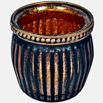 Tealight - Ribbed Fluted Pot Black & Gold Amber Glass 3x4in
