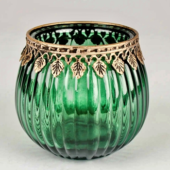 Tealight - Emerald Fluted, gold Leaves trim Glass 5x4in