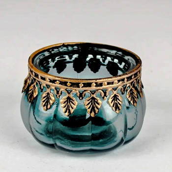 Tealight - Teal Fluted, gold Leaves trim Glass 2.5in