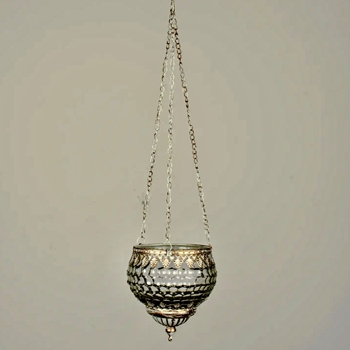 Tealight - Smoke Glass Honeycomb, gold Leaves trim Hanging Chains 5in