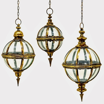 Lantern - Sorrento Glass Globe Hurricanes Gold Finished Metal/Glass  Set of 3 - 12in, 10in, 9in With Chains