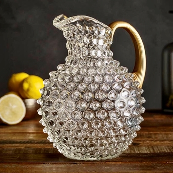 Pitcher - Hobnail Glass  Clear W Gold Handle 2L 7x9in