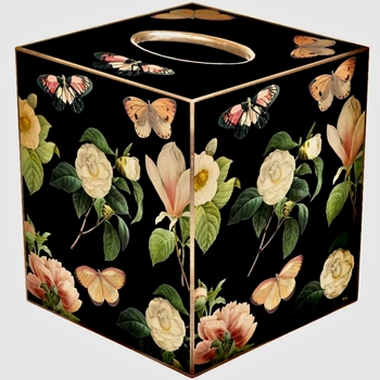 Tissue Box Cover 5in Cube - Decoupage Mache Floral Collage Black