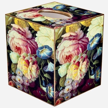 Tissue Box Cover 5in Cube - Decoupage Mache Peony Garden Colours