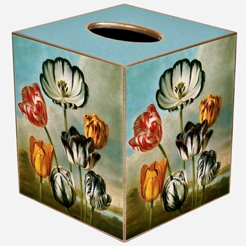 Tissue Box Cover 5in Cube - Decoupage Mache Vintage Tulips on Azure Sky