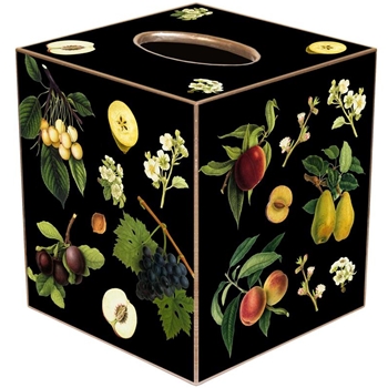 Tissue Box Cover 5in Cube - Decoupage Mache Fruit Collage Black