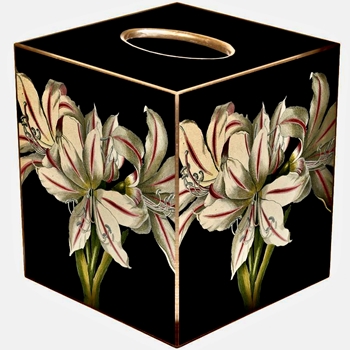 Tissue Box Cover 5in Cube - Decoupage Mache Vintage Lillies Black