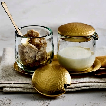 Cream & Sugar Set - Clear Pebbled Glass with Brass Lids