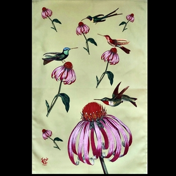 Tea Towel - Wanda Coyne 28x18in Hummingbirds & Echinacea