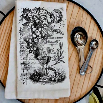 Tea Towel -  Vintage Shabby Wine & Grapes  Flour Sack 27in SQ