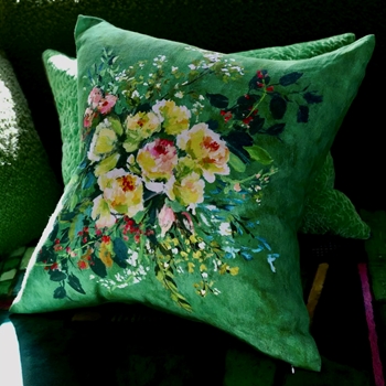 Designers Guild Cushion - Margaretta Emerald Linen Embroidered 22in SQ. Luxurious Down Insert.