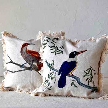 Cushion - Embroidered Birds W/ Fringe 18SQ  2 Ast Sold Individually