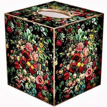 Tissue Box Cover 5in Cube - Decoupage Mache Floral Bouquet on Black