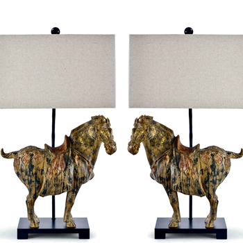 Lamp Table - Dynasty Horse  Rectangular White Drum Shade 18x32in Sold as Pair