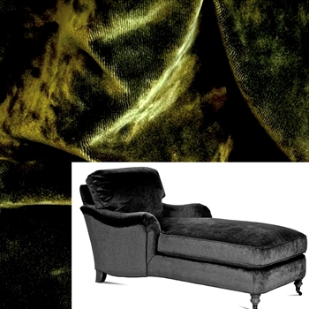 Robin Bruce - Brooke Chaise Moss 68W/33D/35H. 100% Polyester Velvet, 100K DR,  Grade CC. Antique Black Turned Legs, Antique Brass Castors.