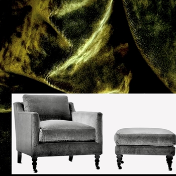 Robin Bruce Madeline Armchair Moss Velvet 33W/36D/32H -  100% Polyester Velvet 100K DR,  Black Nickel Nails, Pewter Castors, Antique Black Leg finish.