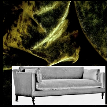 Robin Bruce Madeline Sofa Moss 90W/40D/34H - 100 % Polyester Velvet, 100K DR, Grade CC, Antique Black Turned Legs, Pewter Castors, Black Nickel Nails