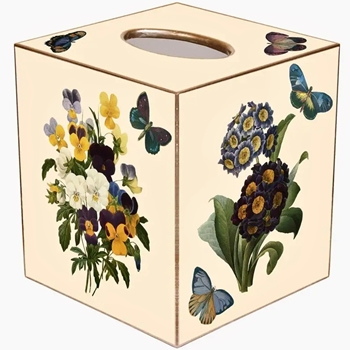 Tissue Box Cover 5in Cube - Decoupage Mache Primrose & Pansies Ivory