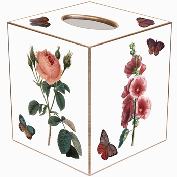 Tissue Box Cover 5in Cube - Decoupage Mache Hollyhock & Rose White