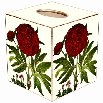 Tissue Box Cover 5in Cube - Decoupage Mache Red Peonies