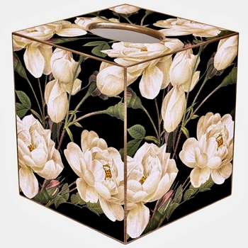 Tissue Box Cover 5in Cube - Decoupage Mache White  Roses on Black