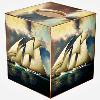 Tissue Box Cover 5in Cube - Decoupage Mache Vintage Sailing Ships