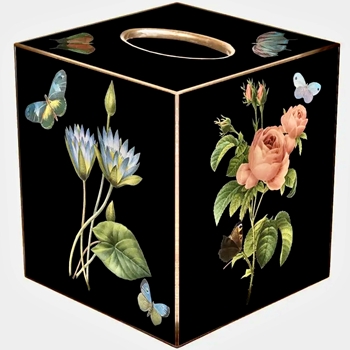 Tissue Box Cover 5in Cube - Decoupage Mache Pink Roses & Hydrangea Black