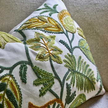 Designers Guild Cushion - Foglia Crewel Embroidered Cotton Moss 24x18in SQ - Feather Down Insert