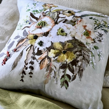 Designers Guild Cushion - Margaretta Linen Sepia Embroidered 22in SQ - Feather Down Insert