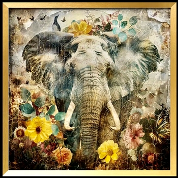 30W/30H Framed Giclee - Elephant Vintage Crackle
