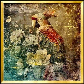 30W/30H Framed Giclee - Parrot Vintage Crackle