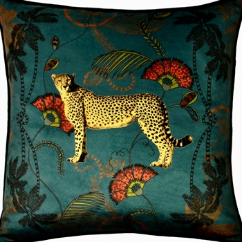 Cushion - Cheetah Teal Velvet 18SQ  - Feather Rich Insert