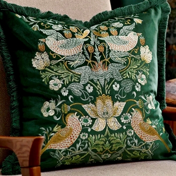 Cushion - William Morris Strawberry Thief Emerald Velvet Embroidery & Fringe 20in - Feather Rich Insert