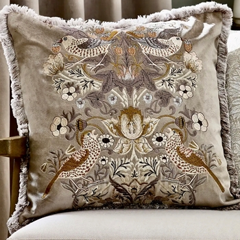 Cushion - William Morris Strawberry Thief Taupe Velvet Embroidery & Fringe 20in - Feather Rich Insert