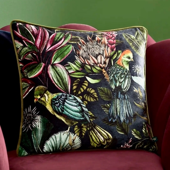 Cushion - Leilani Birds Chenille Velvet Black Multi  18SQ - Feather Rich Insert