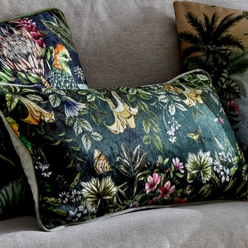 Cushion - Leilani Garden Chenille Velvet Black Multi  20x12in - Feather Rich Insert