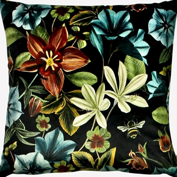 Cushion - Midnight Garden Teal Velvet Black Multi  17SQ - Feather Rich Insert