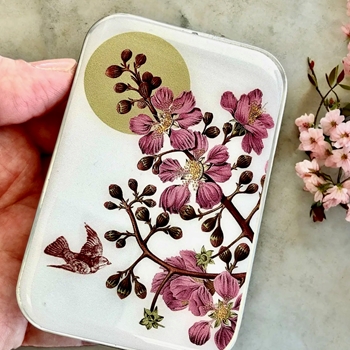 Cherry Blossoms Decoupaged Tin - 3.5x2.3x.5in Slide Open