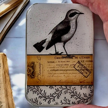 Litttle Bird Decoupaged Tin - 3.5x2.3x.5in Slide Open