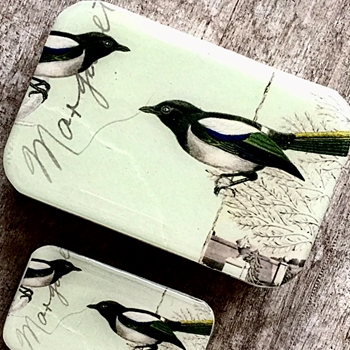 Magpie Decoupaged Tin - 3.5x2.3x.5in Slide Open