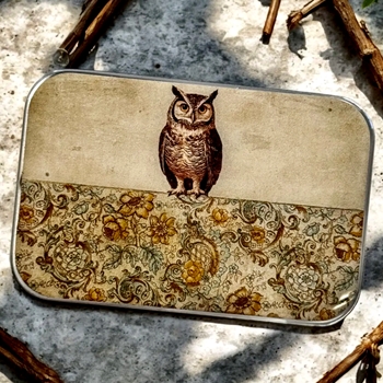 Owl & Wallpaper Decoupaged Tin - 3.5x2.3x.5in Slide Open