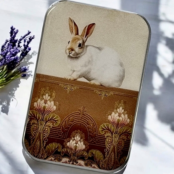 White Bunny Decoupaged Tin - 3.5x2.3x.5in Slide Open