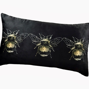 Cushion - Bees Velvet Gold Black 20x12 - Feather Rich Insert