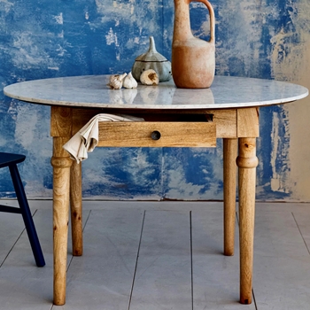 Table - Bistro / Nook with Drawer. 48x30in White Marble Top, Solid Mango Wood