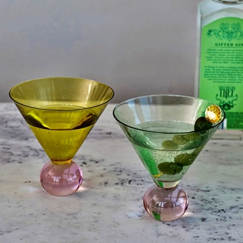 Martini Glass - Pink Ball Foot Green or Gold Glass 12OZ Sold Individually