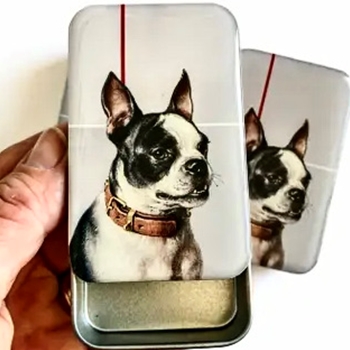 Boston Terrier Decoupaged Tin - 3.5x2.3x.5in Slide Open